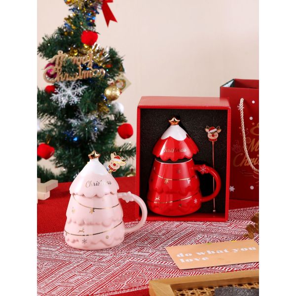 Christmas Gift Mug Set With Lid And Spoon Customized Color For Office Afternoon Tea Cup