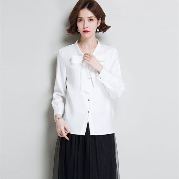 Round collar and long sleeves chiffon shirt for women clothing