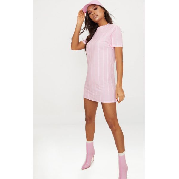 Hot Sale Fashion Pastel Pink Stripe Print T Shirt Dress For Women