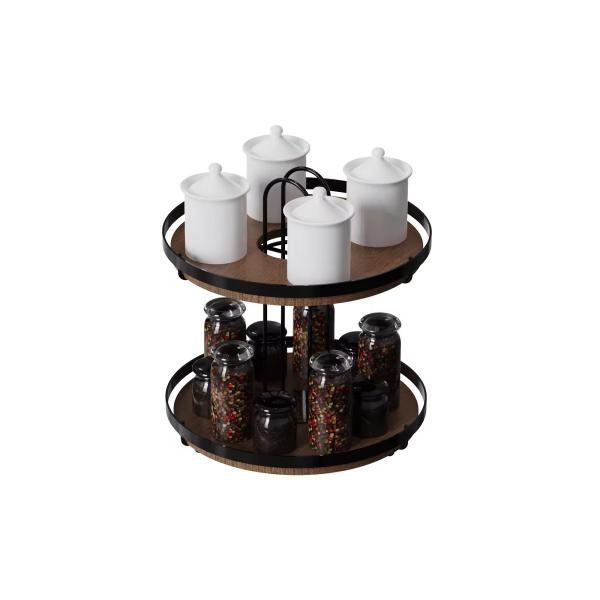 2 Tiers Standing Type Wood Element Mdf Round Household Multifunctional Stylish Metal Kitchen Organizer Seasoning Organizer