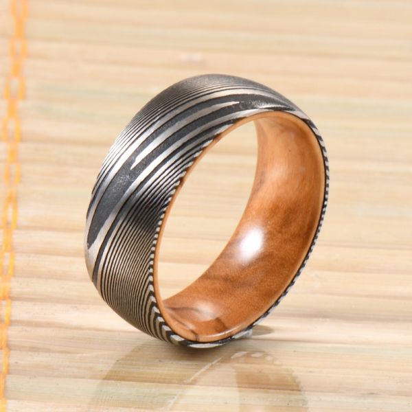 8mm Dome Latest Damascus Steel Ring With Olive Wood Sleeve Inlay for Men's Wedding Bands or Rings Third Party Appraisal