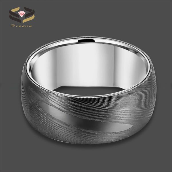 8mm Dome Black Mens Damascus Wedding Band Ring Inlaid Silver Tungsten Sleeve Comfort Fit Geometric Shape Pearl Type Other
