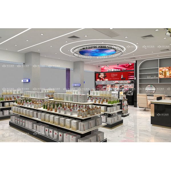 Diseño de tienda de cosméticos, estantería negra y dorada para perfumes, muebles de exhibición minorista, diseño de tienda que ahorra espacio