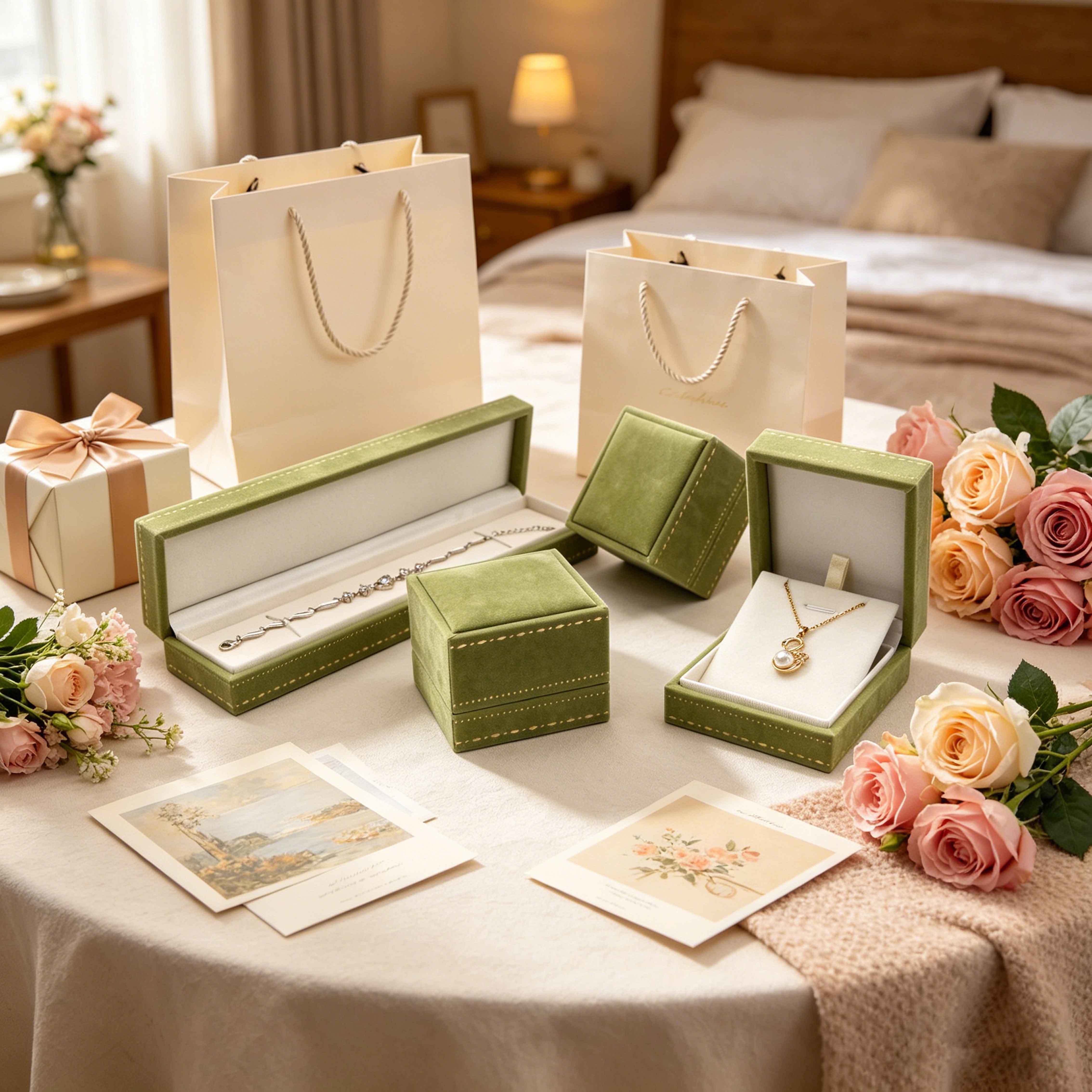 Vintage Green Velvet Luxury Jewelry Box Set Simple Luxury Necklace Gift Box Custom Color