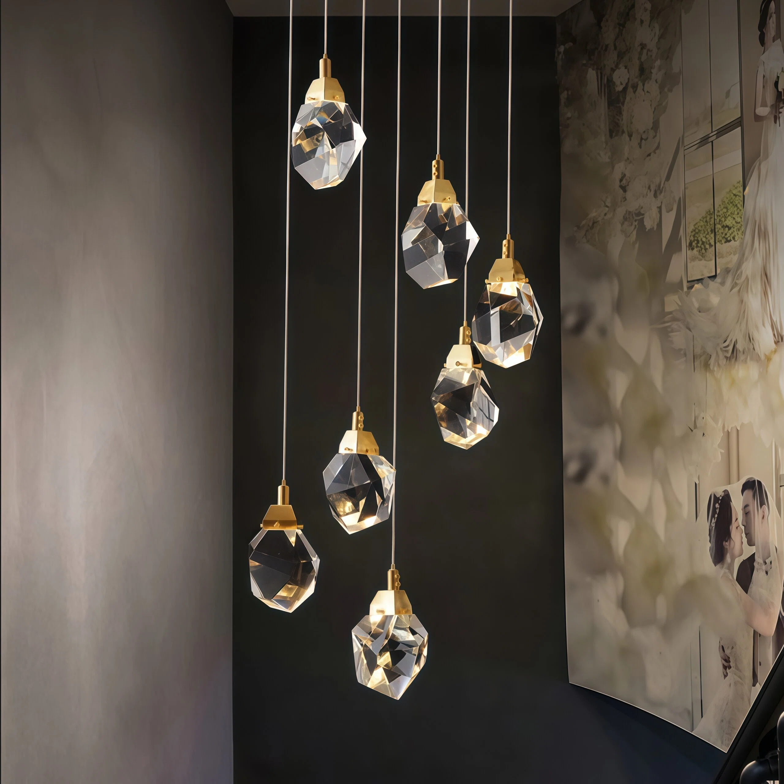 JYLIGHTING Custom Multi-head Spiral Crystal Staircase Chandelier, Brass Frame Long Drop Pendant Light, Modern Luxury Ceiling Lamp for High Ceiling Villa Stairwell & Hotel Atrium Engineering Lighting