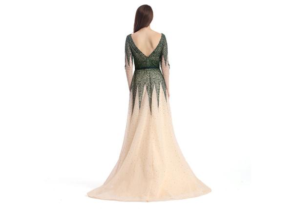 Beaded Lace European Style Long Backless Evening Dresses / Tulle Big Tail Beautiful Prom Dresses