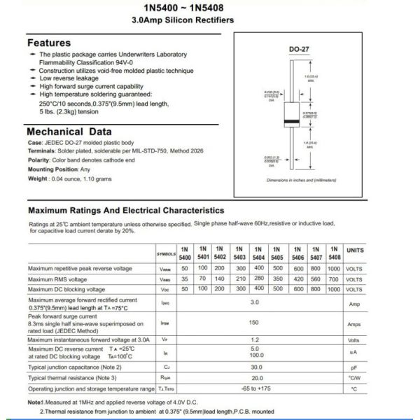 General Purpose Rectifiers Diode 3A 1n5400 Thru 1n5408 Do-27 Package