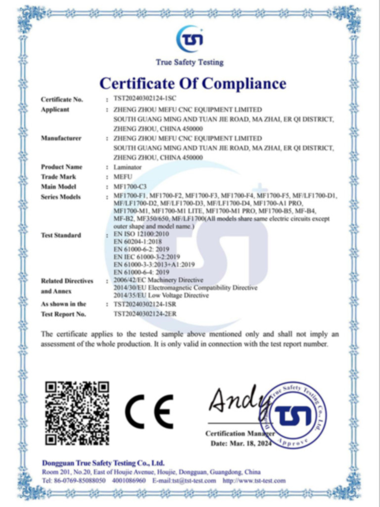 ZHENGZHOU MEFU CNC EQUIPMENT LIMITED Certificaciones