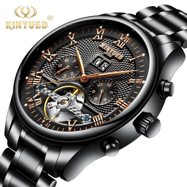 Fashion Stainless Steel Tourbillon Movement Mens Watch  Waterproof KINYUED Automatic Mechanical Watches