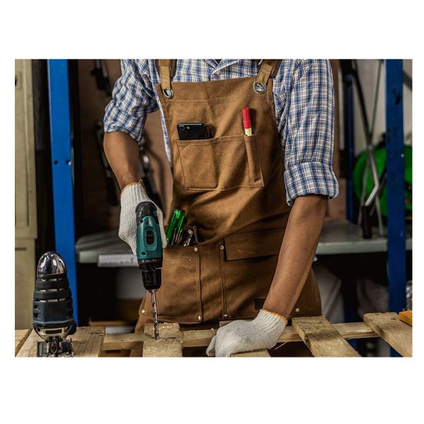 Restaurant Bar Essential Washed Canvas Chef Bib Apron with Tool Pocket and Customized Logo