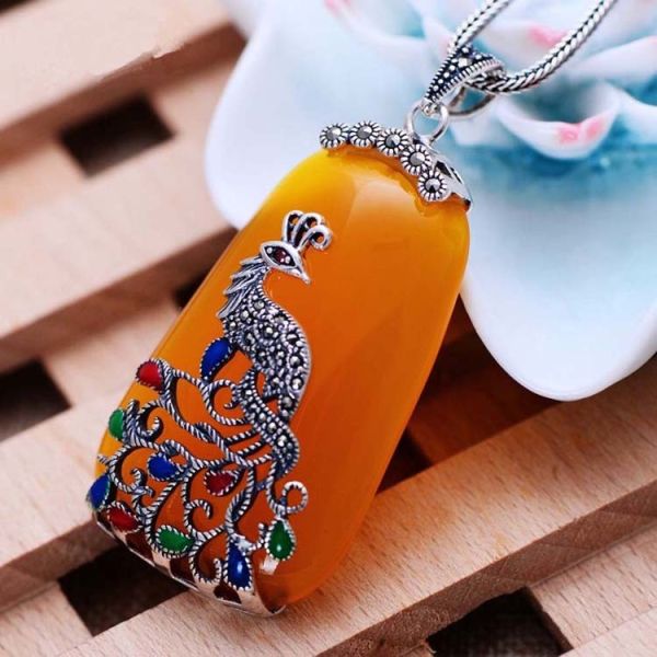 Retro Thailand Sterling Silver Synthesized Yellow Chalcedony Pendant Necklace(052775W)