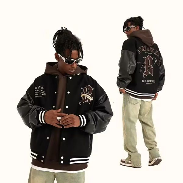 Custom Logo Patchwork Streetwear Chenille Embroidery Winter Leather Bomber Letterman Men Varsity Jacket Manufacturer for Men