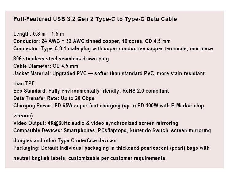 4K HD Video 60W PD Charging USB3.2 Gen2 Type C to Type C Data Cable for Phone Laptop 4K HD Video 60W PD Charging USB3.2 Gen2 Type C to Type C Data Cable for Phone Laptop