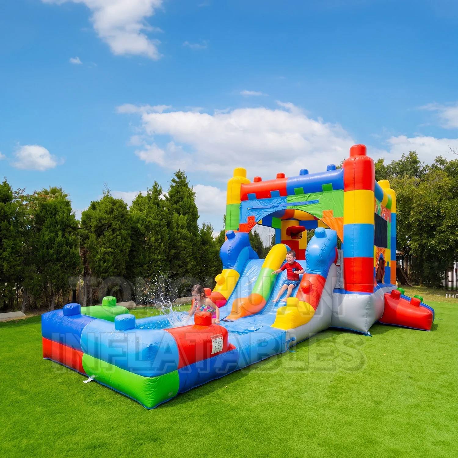 Building Block Theme Inflatable Water Slide Combo for Kids Summer Parties Parks and Commercial Rental Events