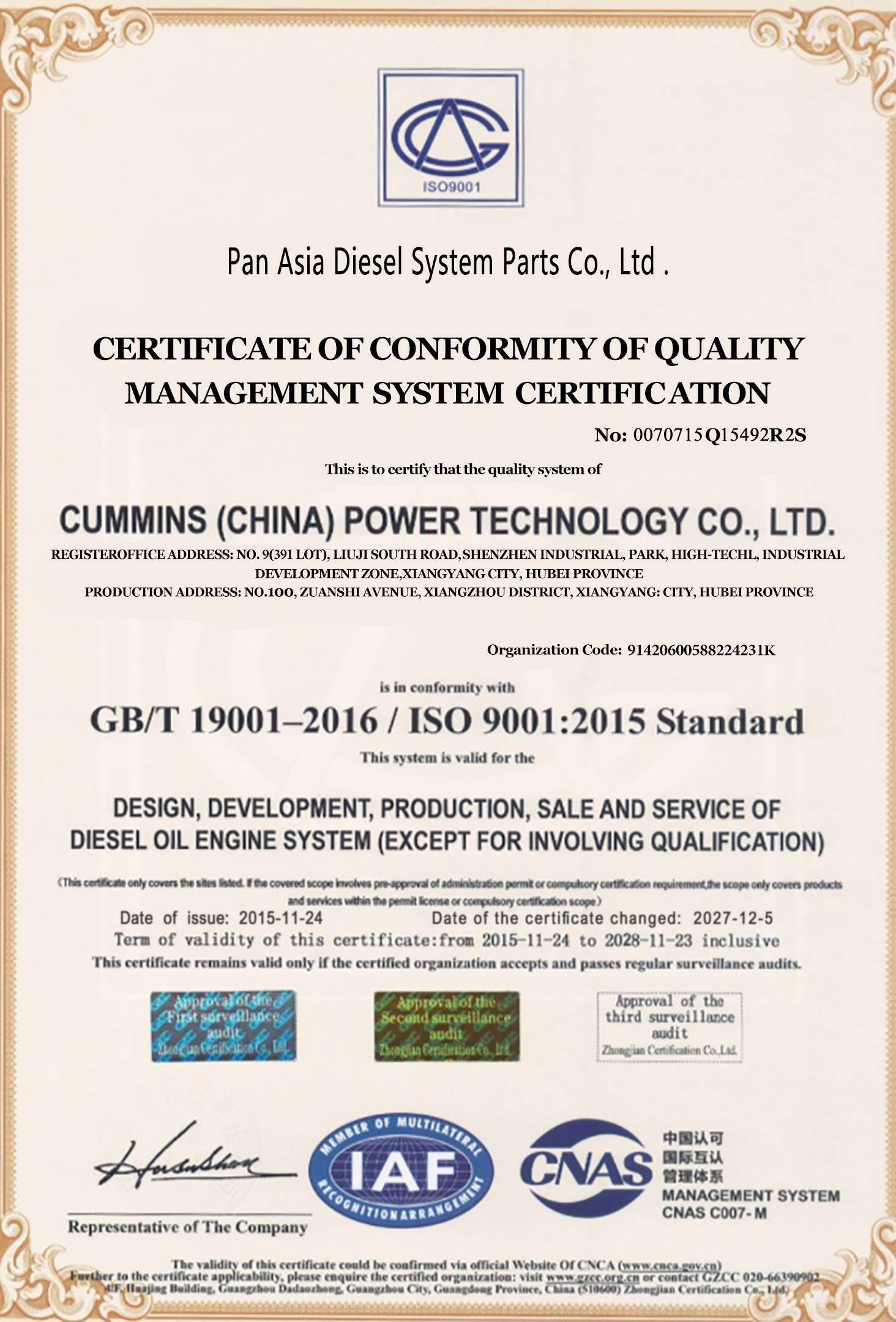 Pan Asia Diesel System Parts Co., Ltd. Certifications
