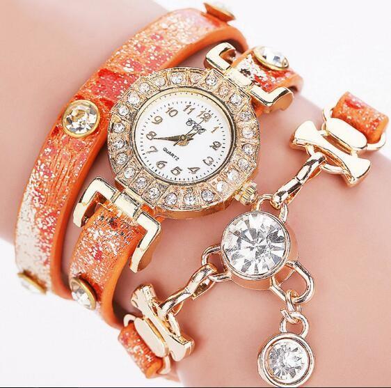 Newest design Long Strap Diamond Chain Fashion Lady Leather Bracelet Watches