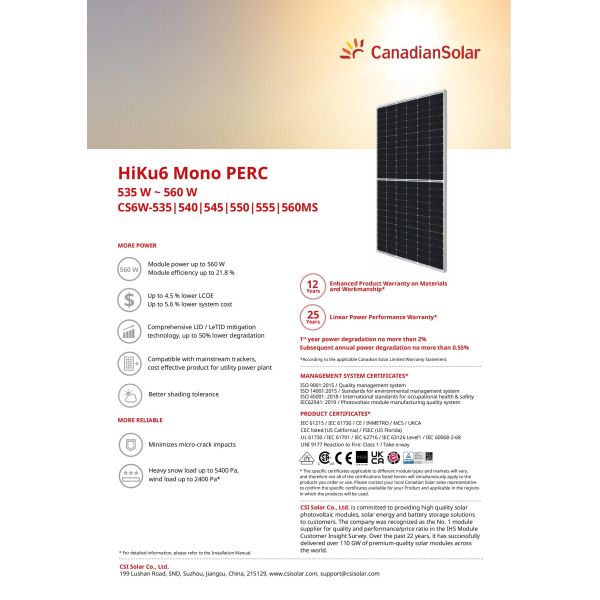 Canadian HiKu6 CS6W-MS 535W-560W PV Solar Panel N-TYPE 182mm Half Cut Cell Technology