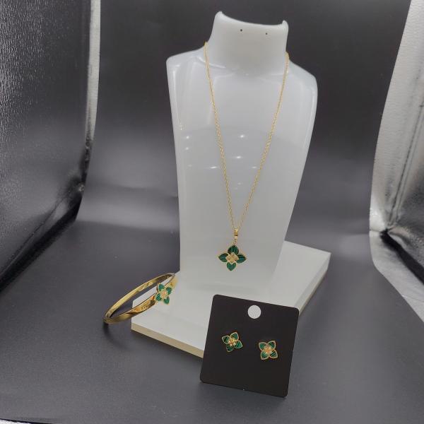 Newest Gold Color Stainless Steel  Earring ,Necklace , Bracelet Sets With Green Stone For Lady