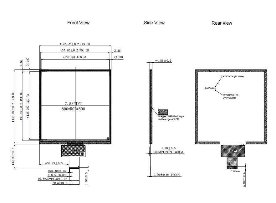1000nits Square LCD Screen 7,53 дюйма Square TFT Display 800*800 1000cd/m2