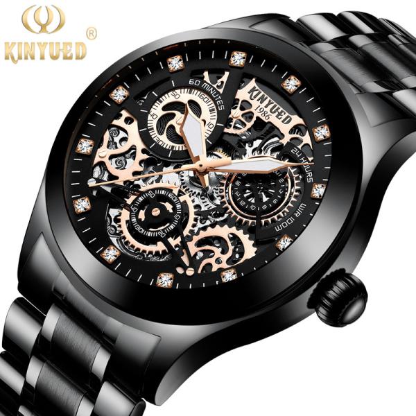 KINYUED J062 oem waterproof custom logo leather fashion tourbillon skeleton wrist watch luxury mechanical watch men wris