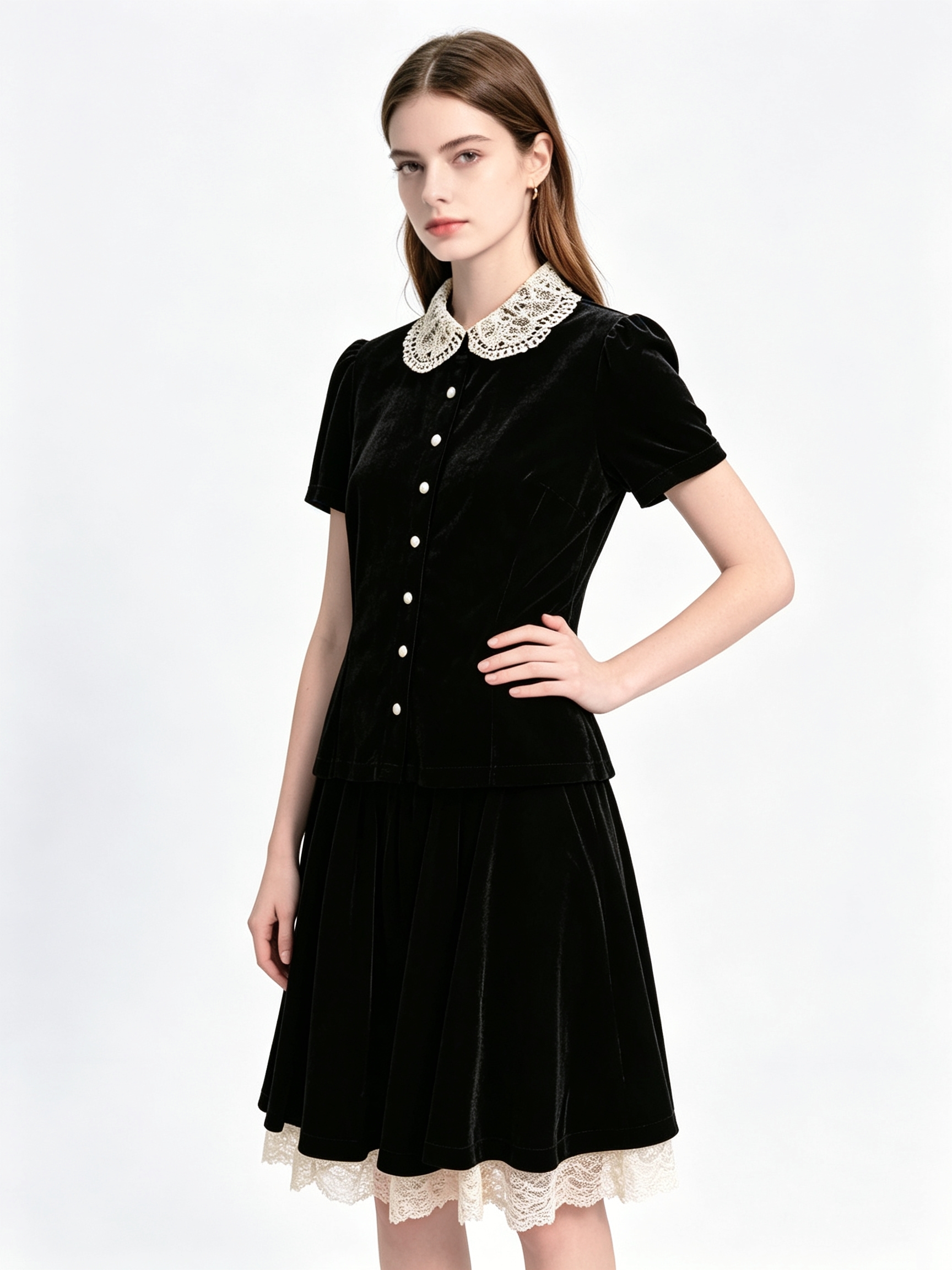 Black velvet two-piece set with lace collar and hem in retro style