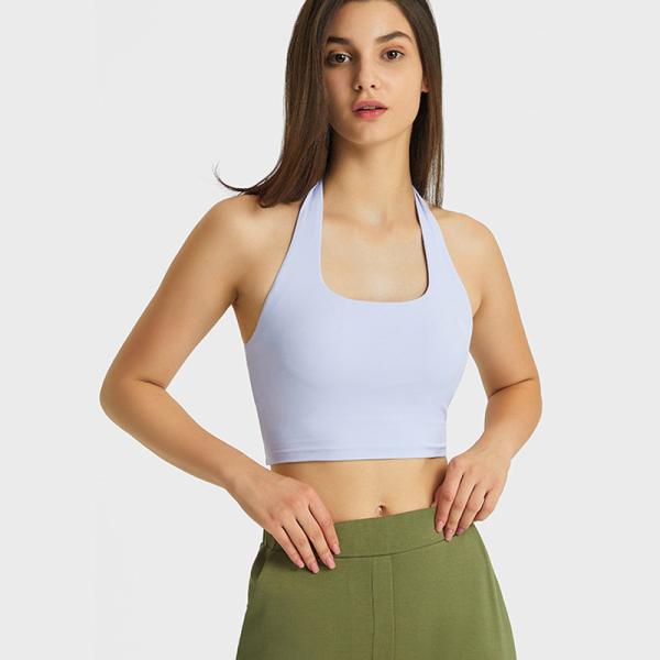 Halter Neck Womens Sports Bra Sexy Pleated Back Crop Tops With Removable Pad