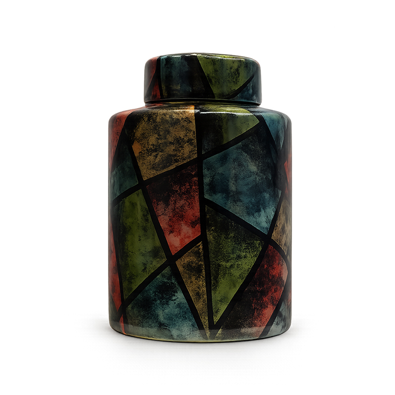 Cylindrical Ceramic Funeral Urn with Geometric Design
