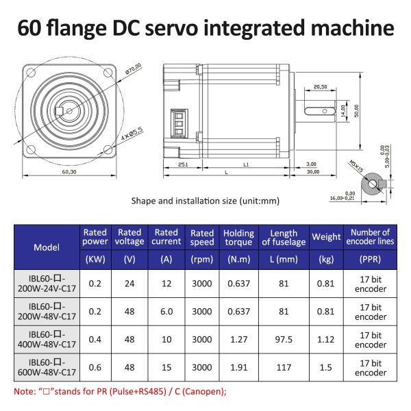 Lichuan Integrated Servo Motors Driver Pulse/RS485/CANopen Control 600W 1.91N.m DC24/48V 6/10/12/15A 3000RPM IP65