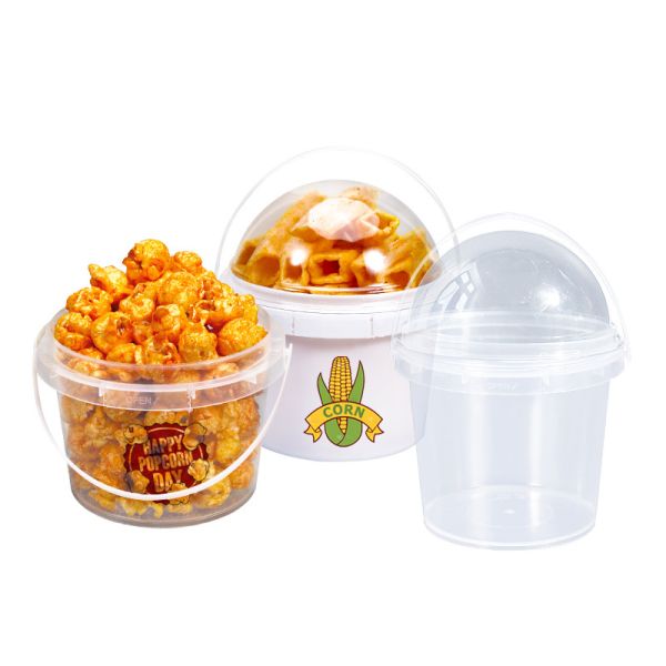 500ml 750ml 1L Clear Customized Plastic Bucket Food Grade Bucket With Hemispherical Dome Cover and Handle for Popcorn Cream Cake