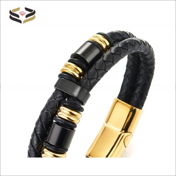 Geometric Leather Bracelet Wristband Double Row Black Braided with Stainless Steel Ornaments