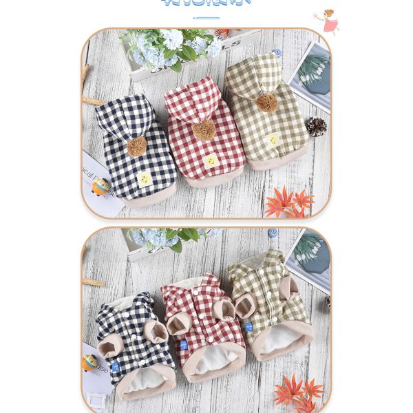 Keep Warm Dog Pet Short Plaid Hooded Coat Thickened Custom Logos Pet Clothing