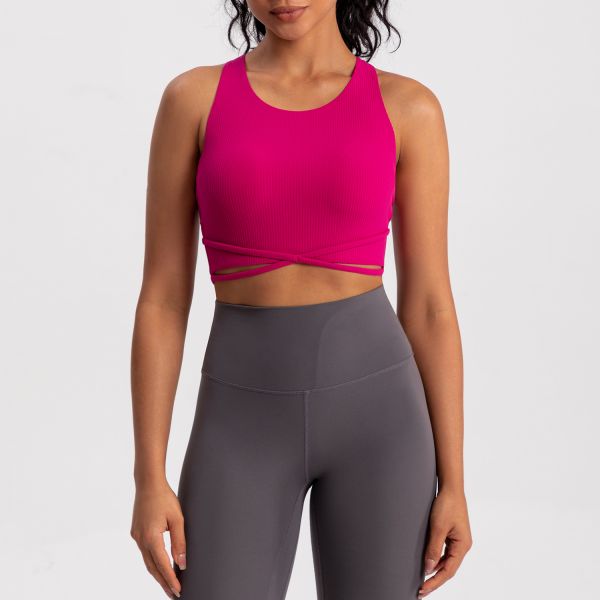 Ribbed Twist Front Sports Bra for Women in Hot Pink High Support Seamless Yoga Crop Top for Workout Running Fitness