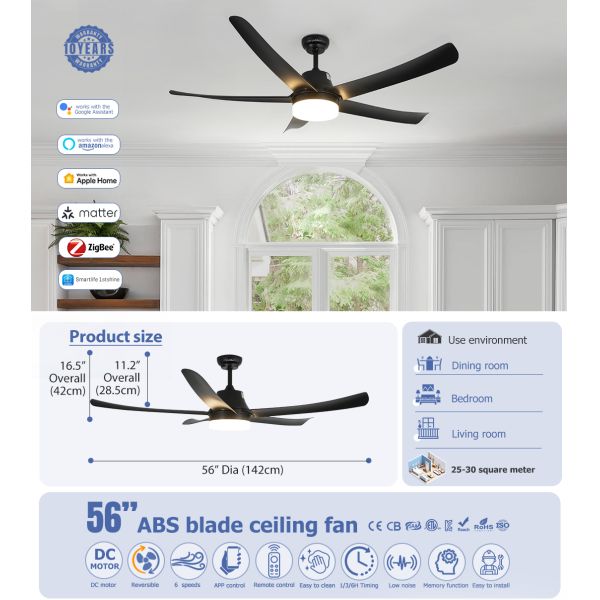 56-Inch Modern Black Plastic Ceiling Fan with LED Light and DC Motor