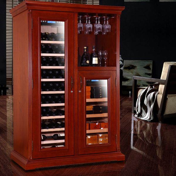 Burgundy Wooden Wine Cooler Cabinet with Precise Temperature Control and LED Interior Lighting