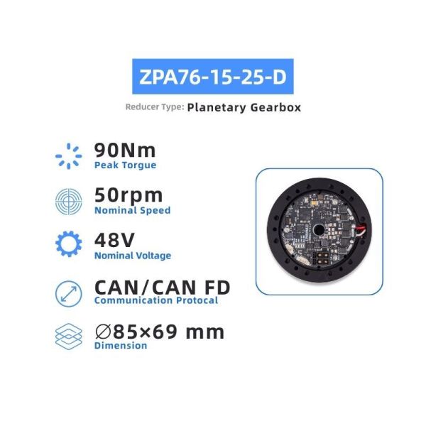 ZBDynamiX ZPA76-15-25-D Integrated Planetary Joint Actuator | 90 Nm Peak Torque, 25:1 Ratio, OD 85 mm