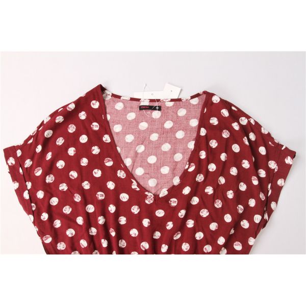 V Neck Elastic Band Ladies Dress Clothing 100% Viscose Polka Dot Red Dress