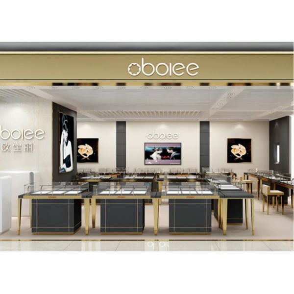 S/S + MDF + Glass + Lights Gold Jewellery Showroom Interior 3D Design