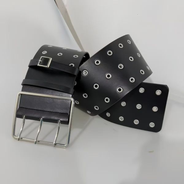 Extra-wide grommet black belt, Y3K millennium baddie-style denim pants belt, versatile