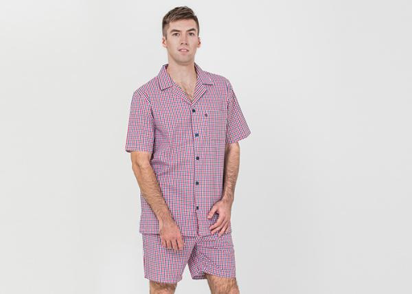 Cool Mens Button Up Pyjamas Woven Cotton Yarn Dyed Check Short Sleeve Shirt
