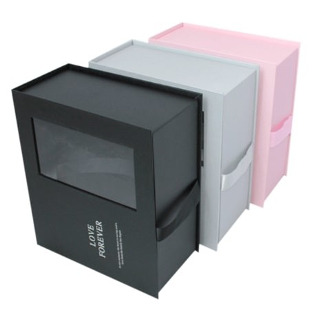 Luxury Rose Flower Gift Hinged Cardboard Box Clamshell Rigid Paper Box PVC Window