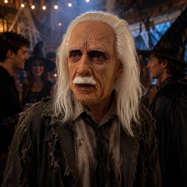 Long White Hair Old Man Latex Full Head Mask with White Mustache, Realistic Wrinkles, Aged Skin Texture and Visible Eye Openings for Halloween Party Cosplay Costume Photo Video Props