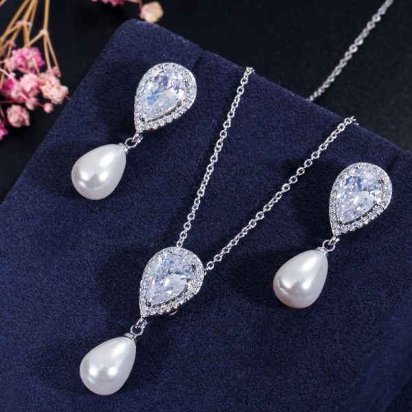 Ladies Luxury CZ Zircon Bridal Wedding Jewelry Sets Exquisite Necklace Earring Set Jewelry For Women
