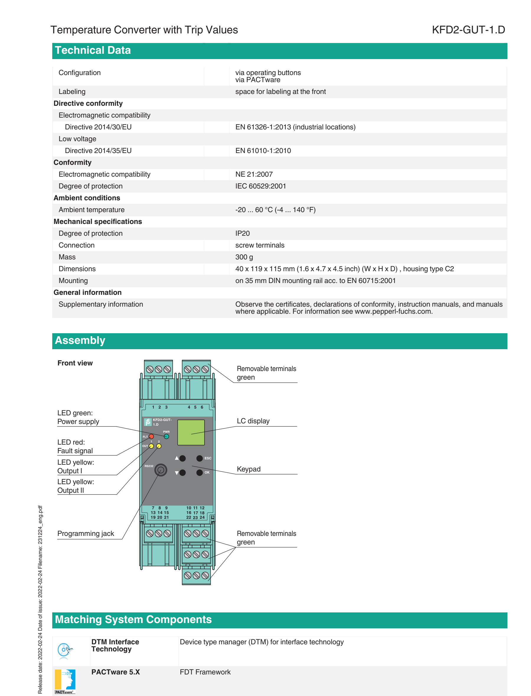KFD2-GUT-1.D P+F Safety Barrier Temperature Converter With Trip Values PEPPERL+FUCHS Zener Barrier