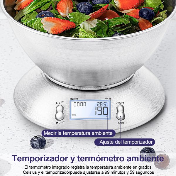 Escala de cocina digital de acero inoxidable de alta precisión 5 kg / 1g con tazón de masa de masa removible y batería de tiempo de habitación