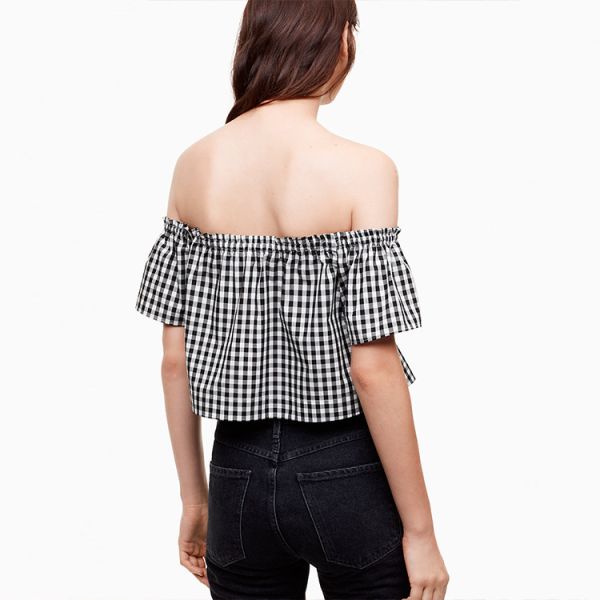 Latest Clothing Ladies Fashion Summer Top Cotton Plaid Off Shoulder Blouse for Women