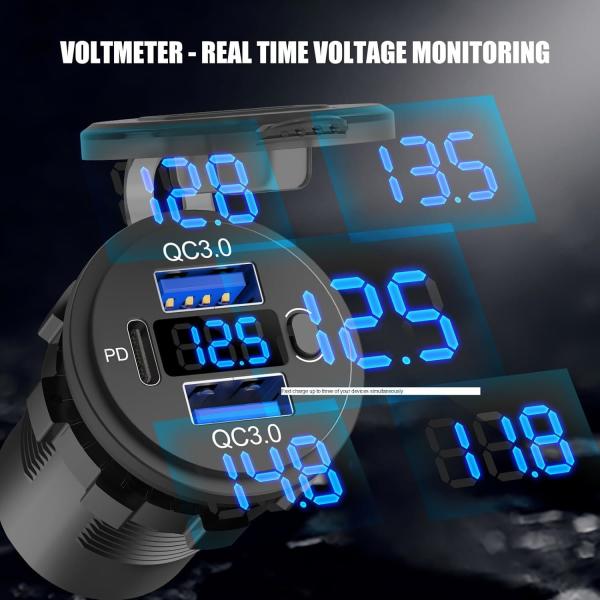 Waterproof 12V 24V Vehicle Dual QC3.0 + PD USB Charger Socket with Voltage Display Power Outlets
