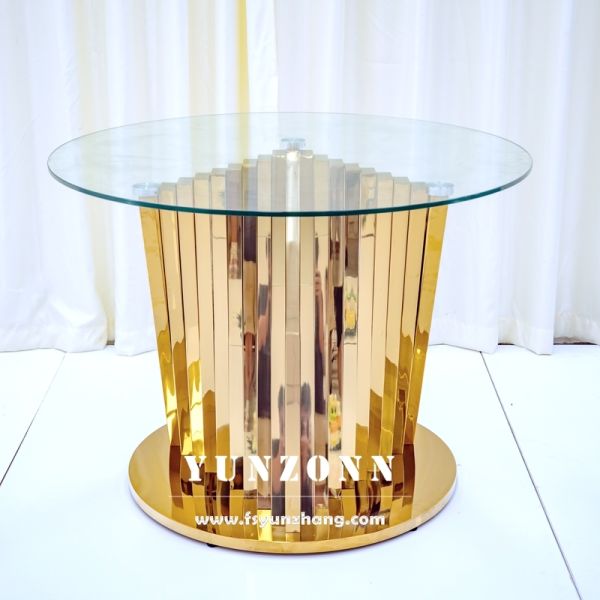White Glass Wedding Display Cake Table with Round Gold Nest Base Stainless Steel for Hotel Furniture