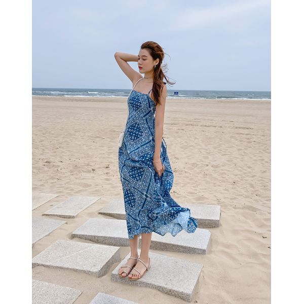 Blue Back Tie Halter Strap 104cm Bohemian Beach Dress