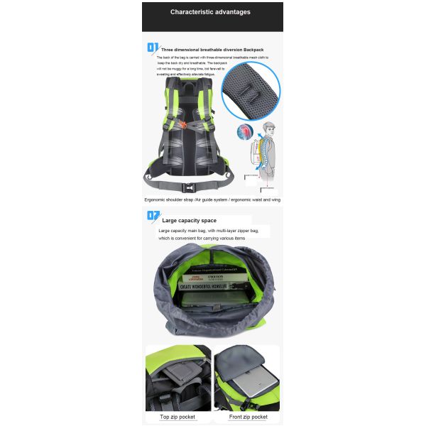 64cm Green Waterproof Hiking Backpack Women'S Lightweight Travel Backpack  40L