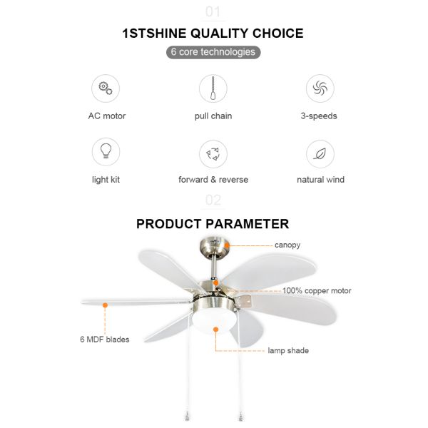 42 polegadas MDF reversível lâmina candelabro ventilador teto ventilador luz sem suporte dimmer